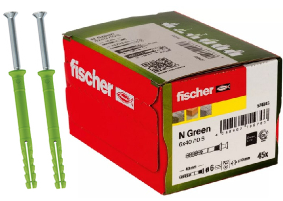 Fischer Sømplug N Green 6 x 40/10 S med undersænket hoved gvz 45 stk